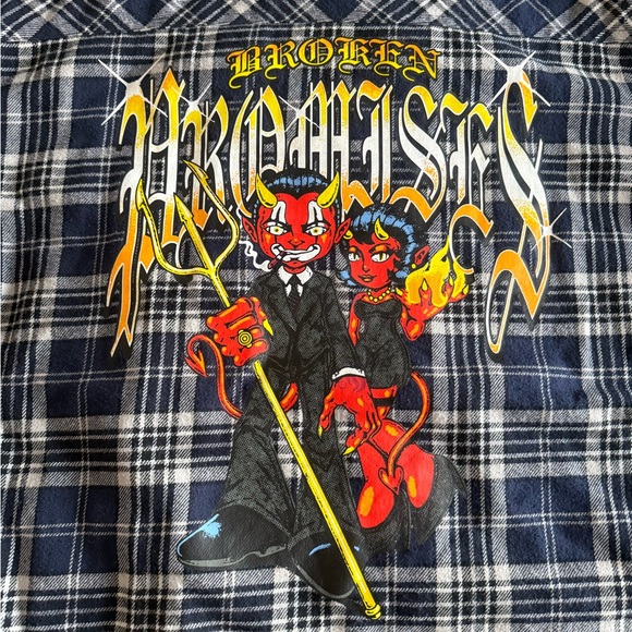 Broken Promises Plaid insulated shirt jacket with Devil Graphic